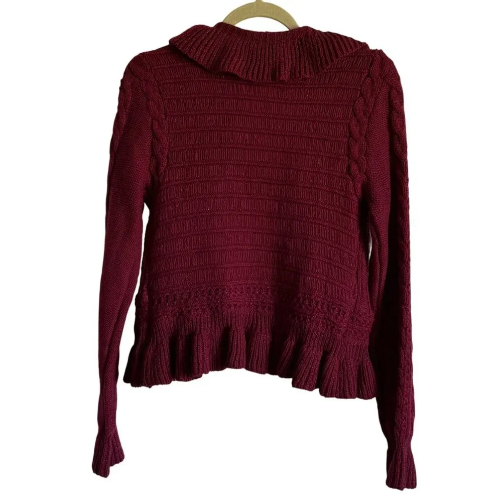 Anne Klein Burgundy Ruffled Open Cardigan Y2K Cropped Metallic Womens M Cozy - Picture 4 of 5
